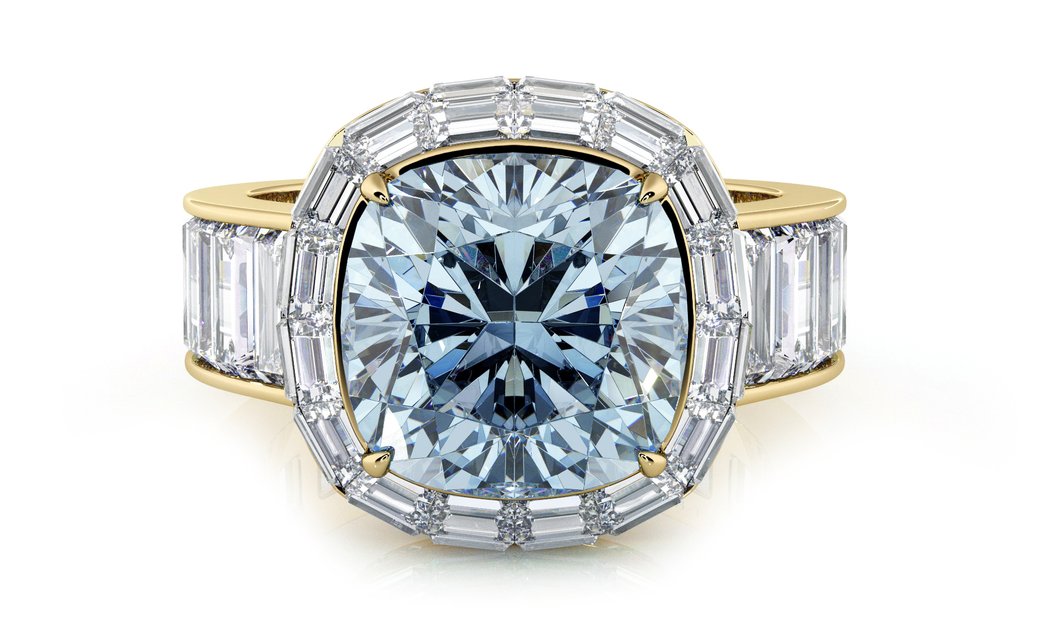 5.50 CT Fancy Intense Blue Cushion Cut Diamond Engagement Ring in 18K Yellow Gold