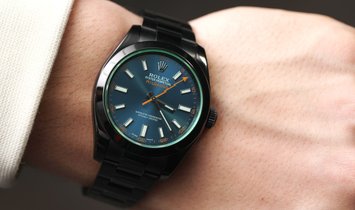 Rolex Milgauss Green Crystal Blue Dial Black PVD/DLC Stainless Steel Watch 116400GV