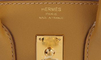 HERMÈS Birkin 25 Tadelakt Leather Handbag - Poussiere with Gold Hardware