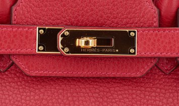 HERMÈS Birkin 30 Clemence Leather Handbag - Rouge Casaque with Gold Hardware