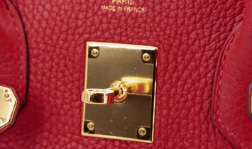 HERMÈS Birkin 30 Clemence Leather Handbag - Rouge Casaque with Gold Hardware