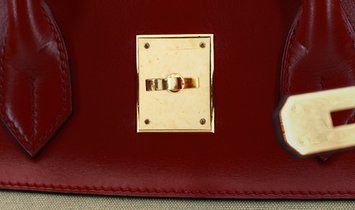 HERMÈS Birkin 35 Box Calfskin and Canvas Handbag - Rouge H with Gold Hardware