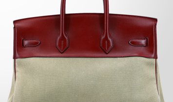 HERMÈS Birkin 35 Box Calfskin and Canvas Handbag - Rouge H with Gold Hardware