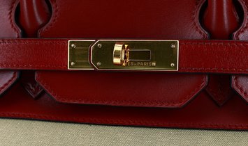 HERMÈS Birkin 35 Box Calfskin and Canvas Handbag - Rouge H with Gold Hardware