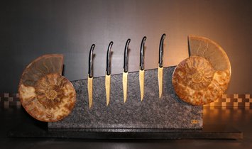 Tycoon Stone magnetischer Messerblock aus Steel Grey mit einem geteiltem Ammoniten 2,5g 999.9 Gold  