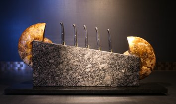 Tycoon Stone magnetischer Messerblock aus Steel Grey mit einem geteiltem Ammoniten 2,5g 999.9 Gold  