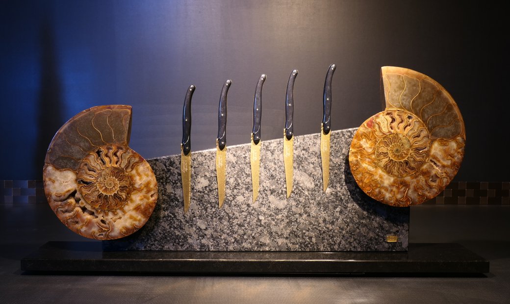 Tycoon Stone magnetischer Messerblock aus Steel Grey mit einem geteiltem Ammoniten 2,5g 999.9 Gold  