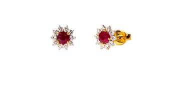 18ct Yellow Gold Vivid Red Pigeon Blood Ruby & White Diamond Flower Stud Earrings Luxury Gifting